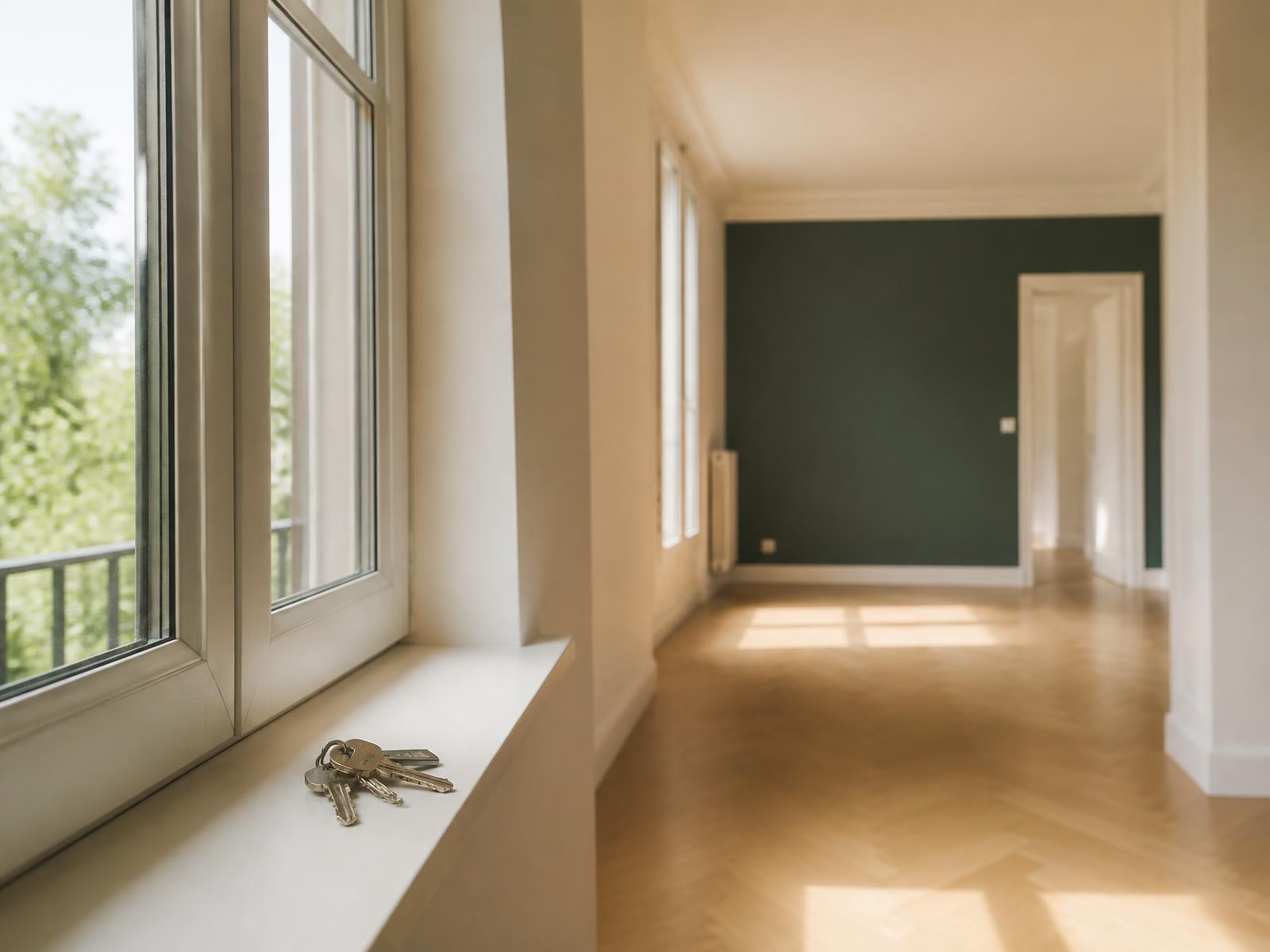 Appartement vide et propre avec un trousseau de clés posé sur le rebord de la fenêtre